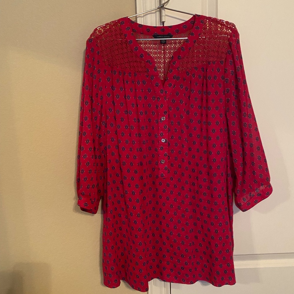 Tommy Hilfiger Pink with Blue Flowers Blouse Top with Crochet Detailing